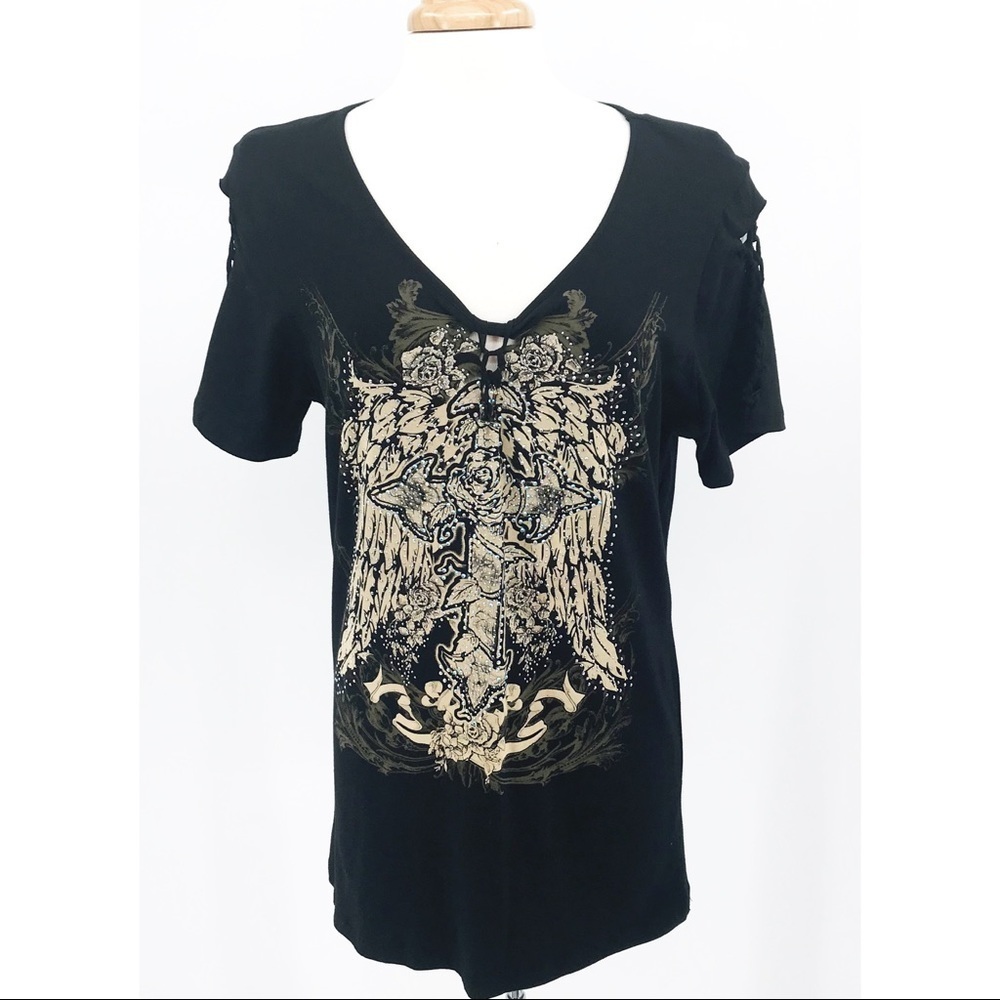 Black rhinestone like beading embellished tee with webbing accents throughout